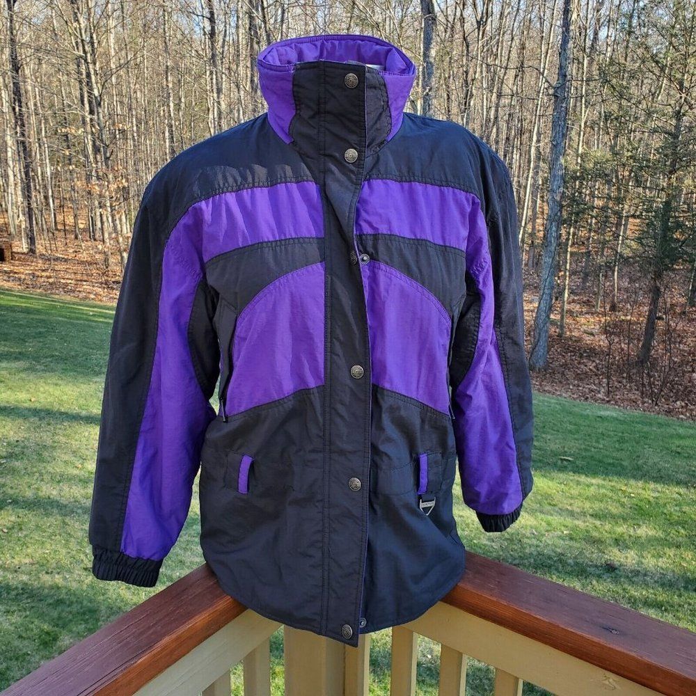 Vintage 80s Tyrolia Head Ski Jacket Wm Sz 12 Black Purple Colorblock Winter Coat